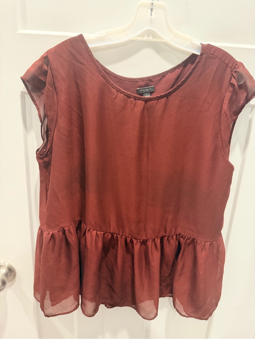 Ann Taylor Factory Large Burgundy Flutter Sleeve Peplum Blouse